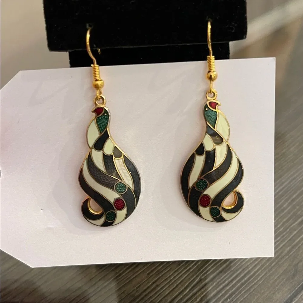 Vintage Cloisonné Black & White Striped Bird Earrings Multicolor Swirl Earrings